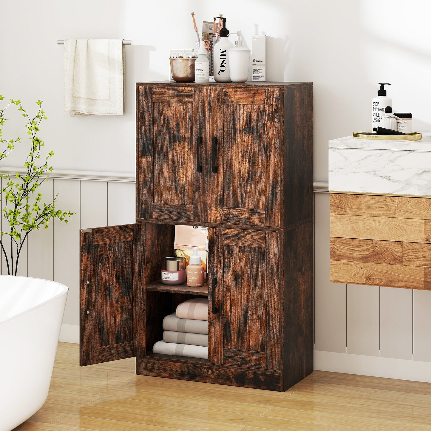 Bathroom Cabinet 43.5 inch Storage Cabinet with Doors and Adjustable Shelves, Rustic Brown Floor Cabinets at Gallery Canada