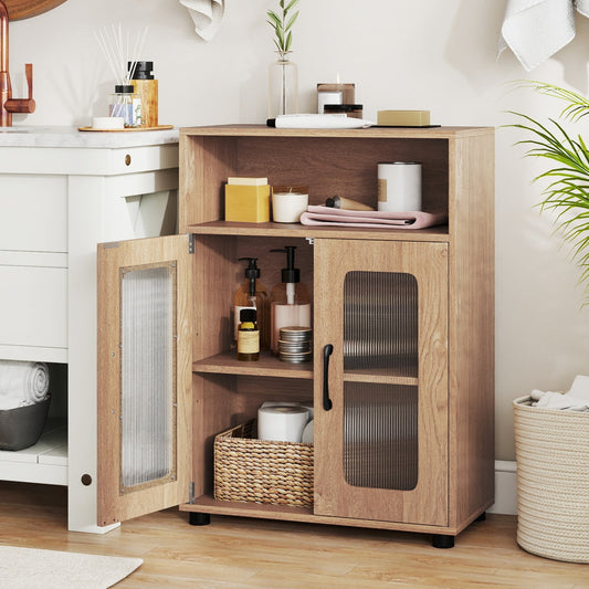 Bathroom Cabinet Freestanding Cabinet with 2 Doors and 3-Level Adjustable Shelf, Natural Floor Cabinets Natural at Gallery Canada