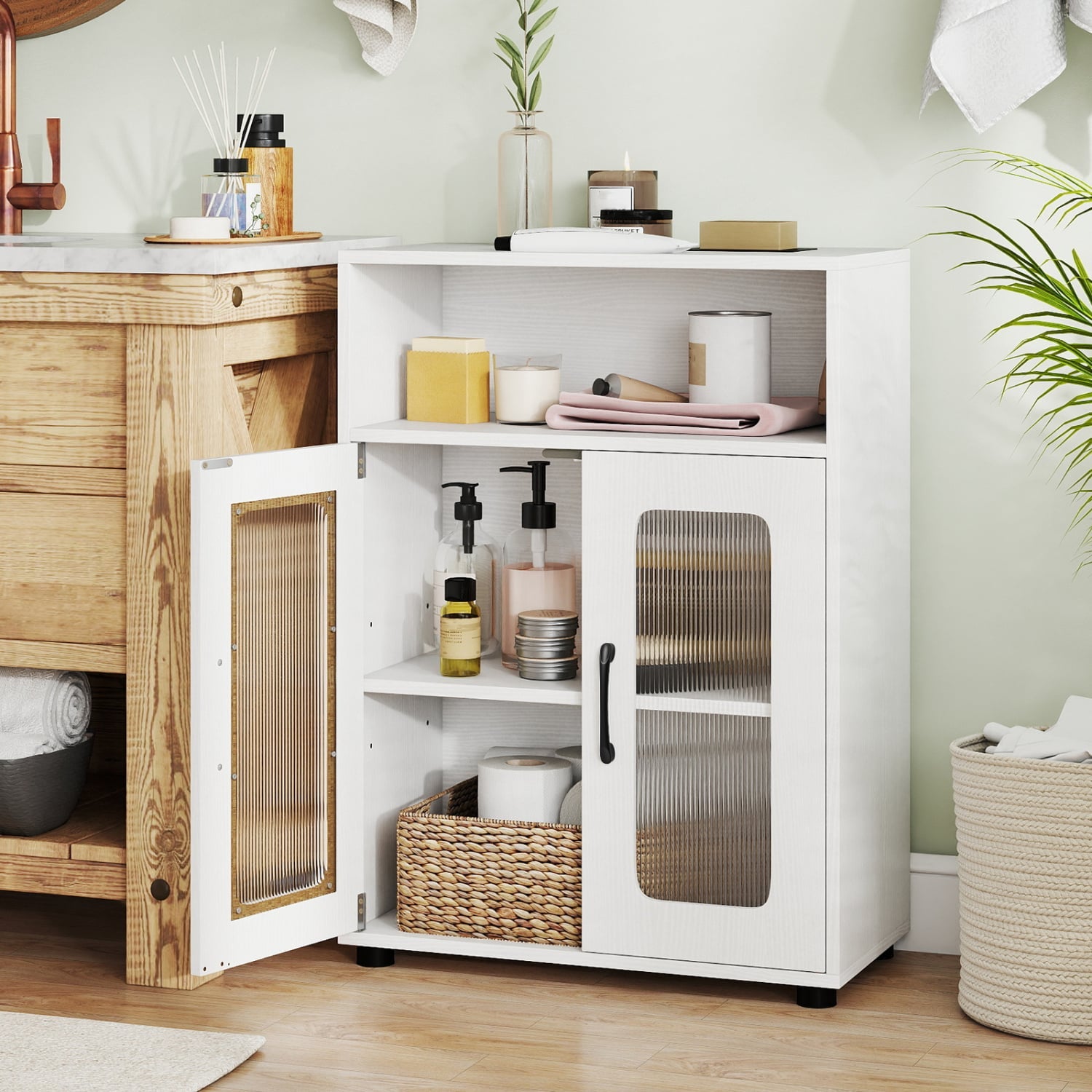 Bathroom Cabinet, 2 Doors, 3-Level Adjustable Shelf, White Floor Cabinets at Gallery Canada