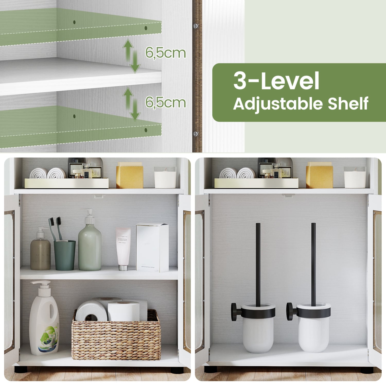 Bathroom Cabinet, 2 Doors, 3-Level Adjustable Shelf, White Floor Cabinets at Gallery Canada