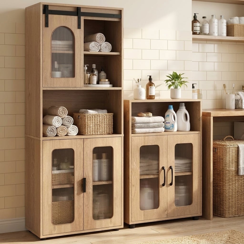 Bathroom Cabinet Set, 59 Inch Tall, 2-Door Floor, Natural