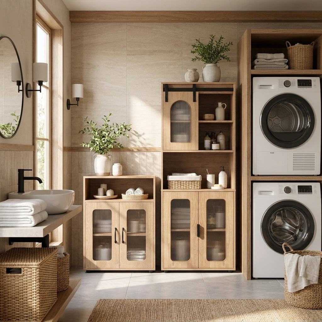 Bathroom Cabinet Set, 59 Inch Tall, 2-Door Floor, Natural