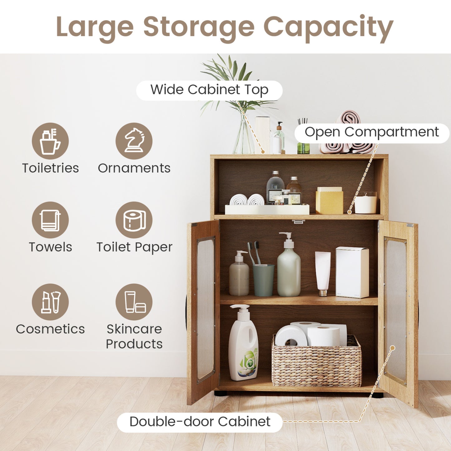 Bathroom Cabinet Set, 59 Inch Tall, 2-Door Floor, Natural