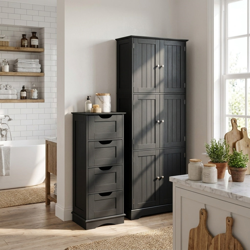 Ensemble d'armoire de salle de bain, armoire haute 6 portes, armoire 4 tiroirs, noir