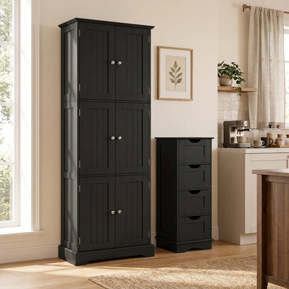 Ensemble d'armoire de salle de bain, armoire haute 6 portes, armoire 4 tiroirs, noir