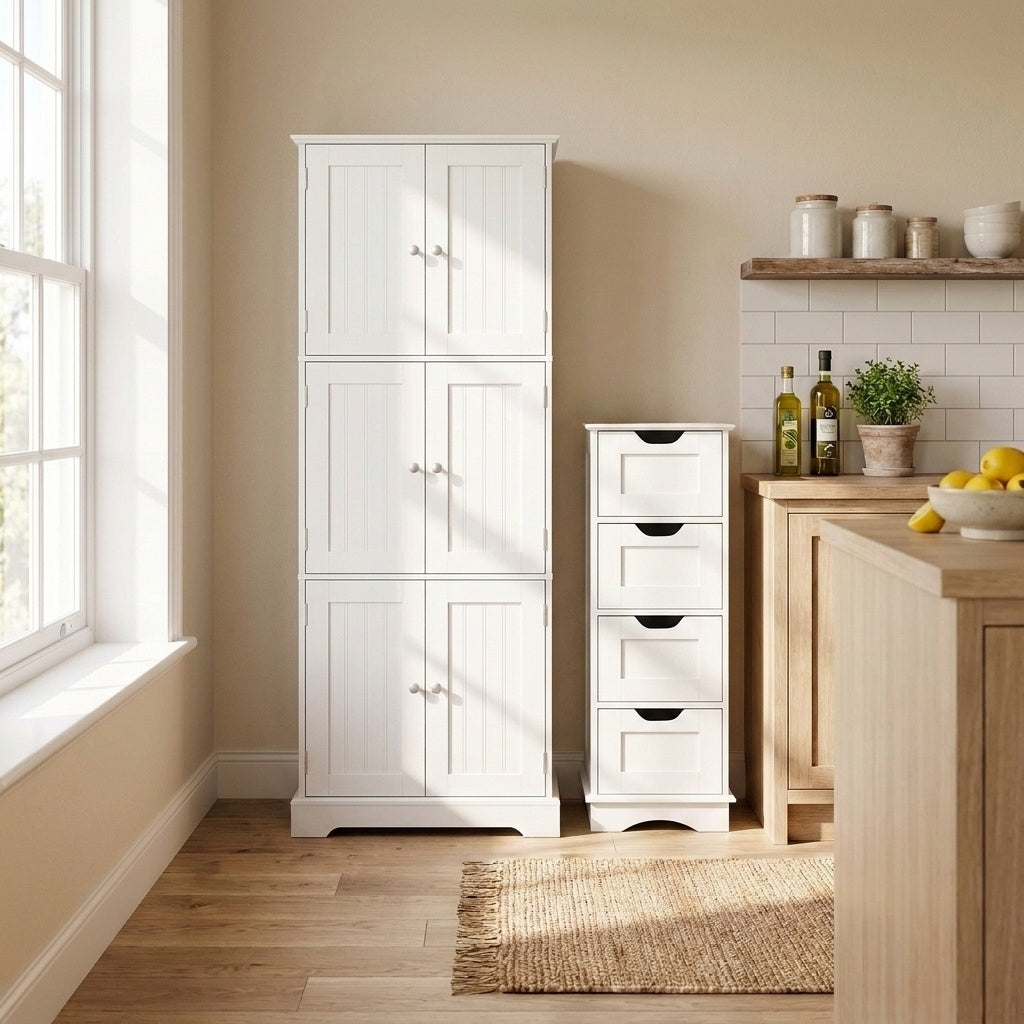 Ensemble d'armoire de salle de bain haute à 6 portes, 4 tiroirs, blanc