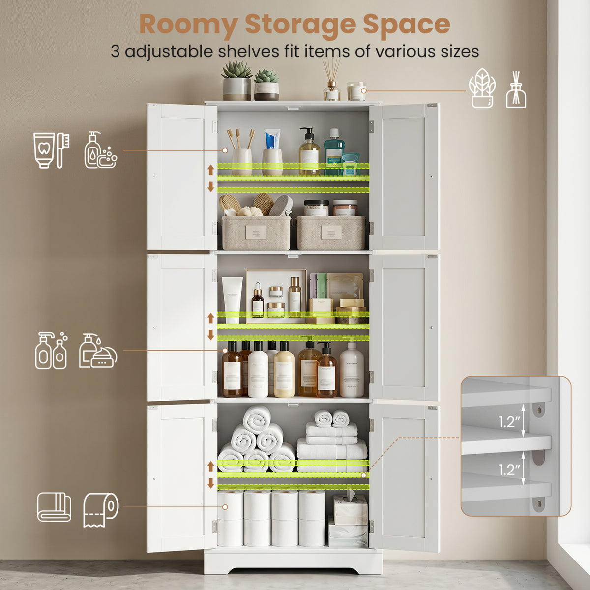Ensemble d'armoire de salle de bain haute à 6 portes, 4 tiroirs, blanc