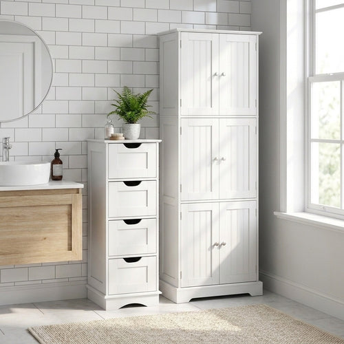 6-Door Tall Bathroom Cabinet Set, 4-Drawer, White