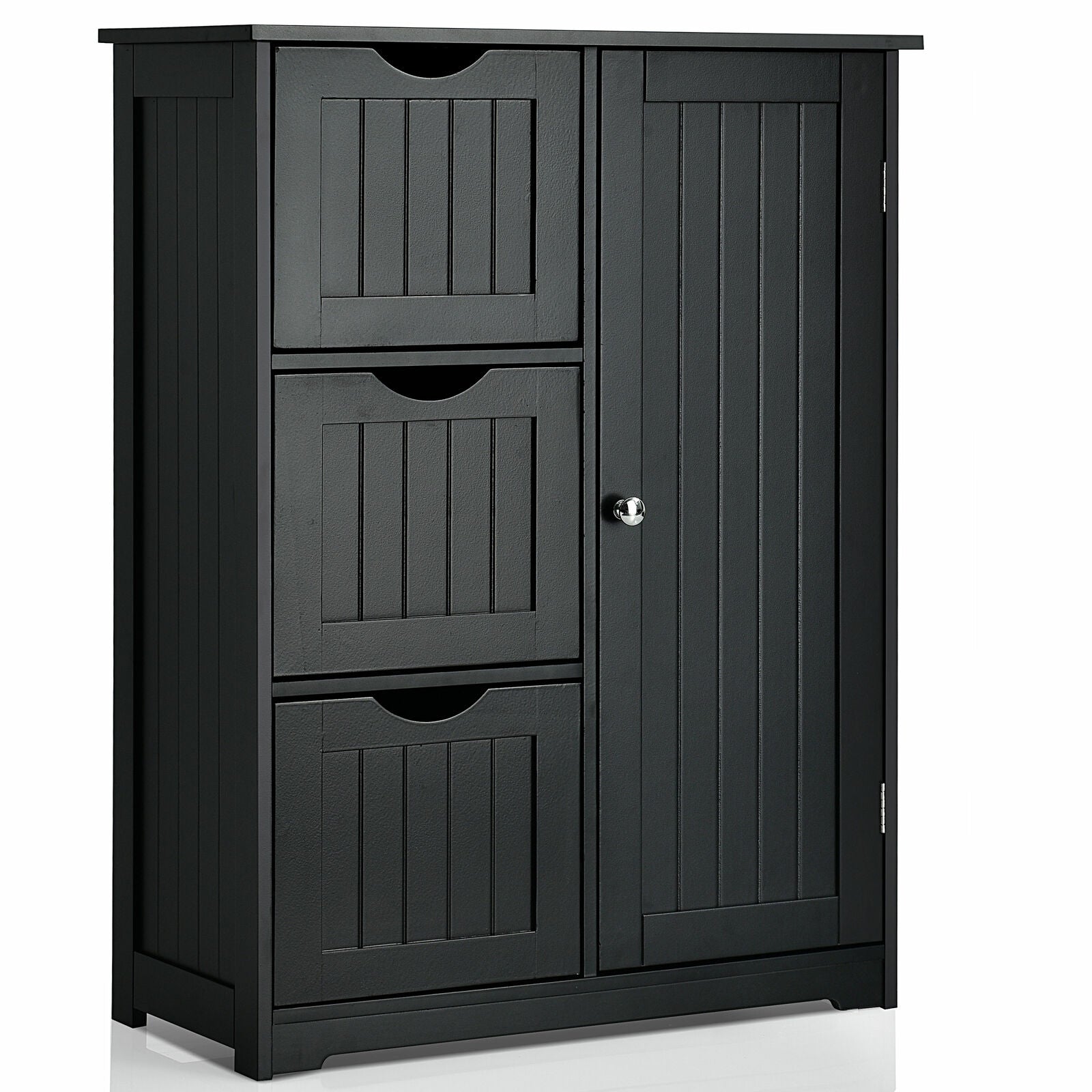 Bathroom Floor Cabinet Side Storage Cabinet with 3 Drawers and 1 Cupboard, Black Floor Cabinets Black at Gallery Canada