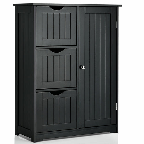 Bathroom Floor Cabinet Side Storage Cabinet with 3 Drawers and 1 Cupboard, Black