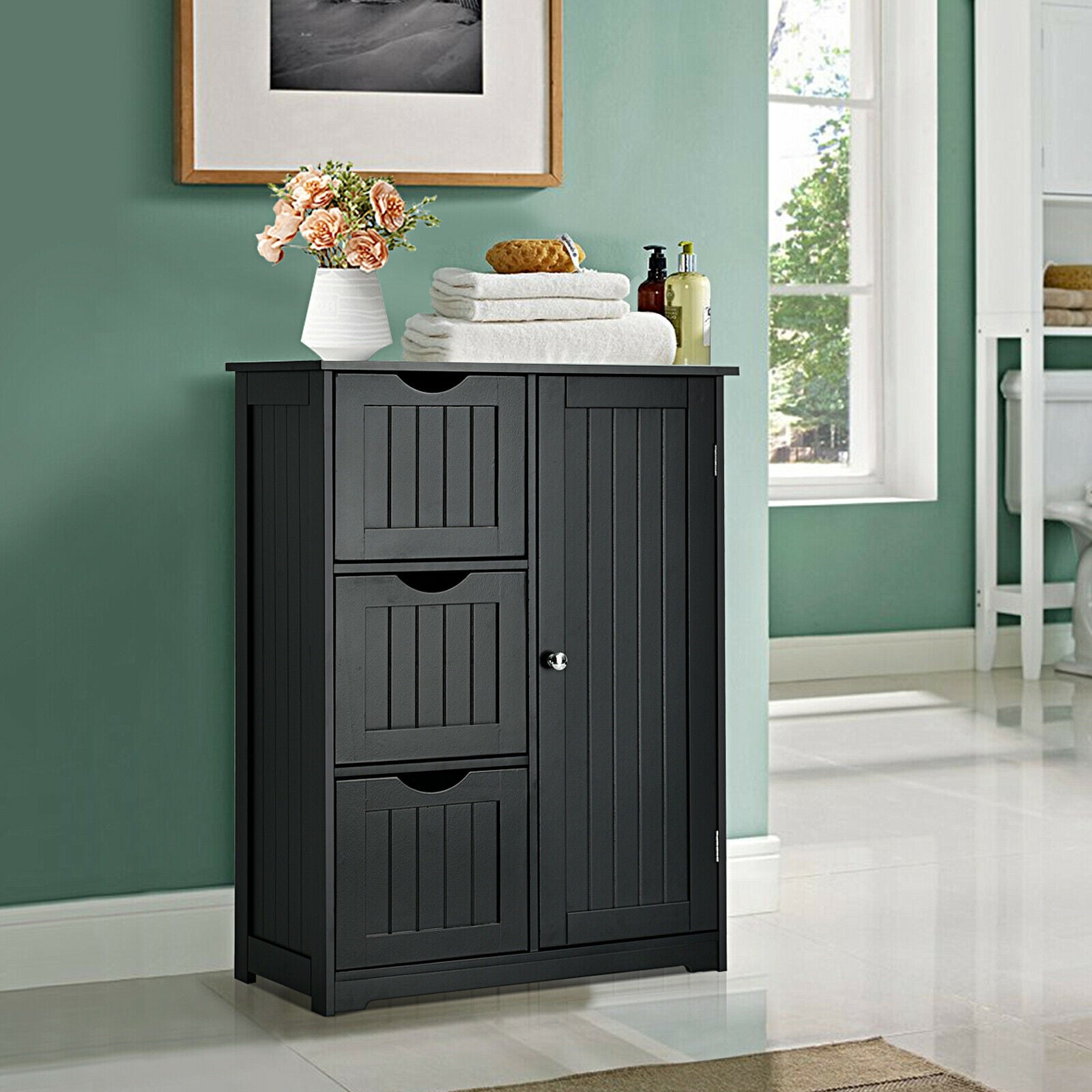Bathroom Floor Cabinet Side Storage Cabinet with 3 Drawers and 1 Cupboard, Black Floor Cabinets at Gallery Canada