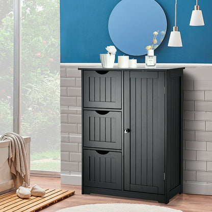 Bathroom Floor Cabinet Side Storage Cabinet with 3 Drawers and 1 Cupboard, Black Floor Cabinets at Gallery Canada