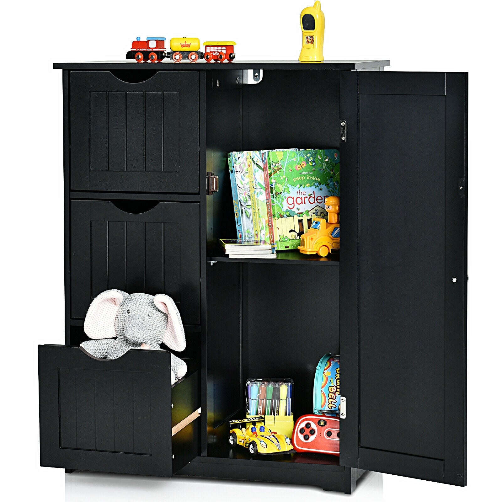 Bathroom Floor Cabinet Side Storage Cabinet with 3 Drawers and 1 Cupboard, Black Floor Cabinets at Gallery Canada