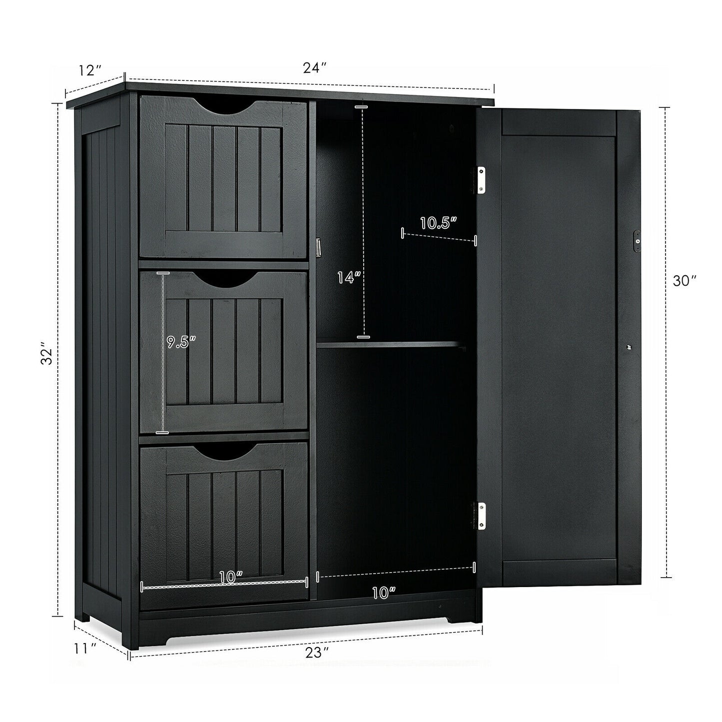 Bathroom Floor Cabinet Side Storage Cabinet with 3 Drawers and 1 Cupboard, Black Floor Cabinets at Gallery Canada