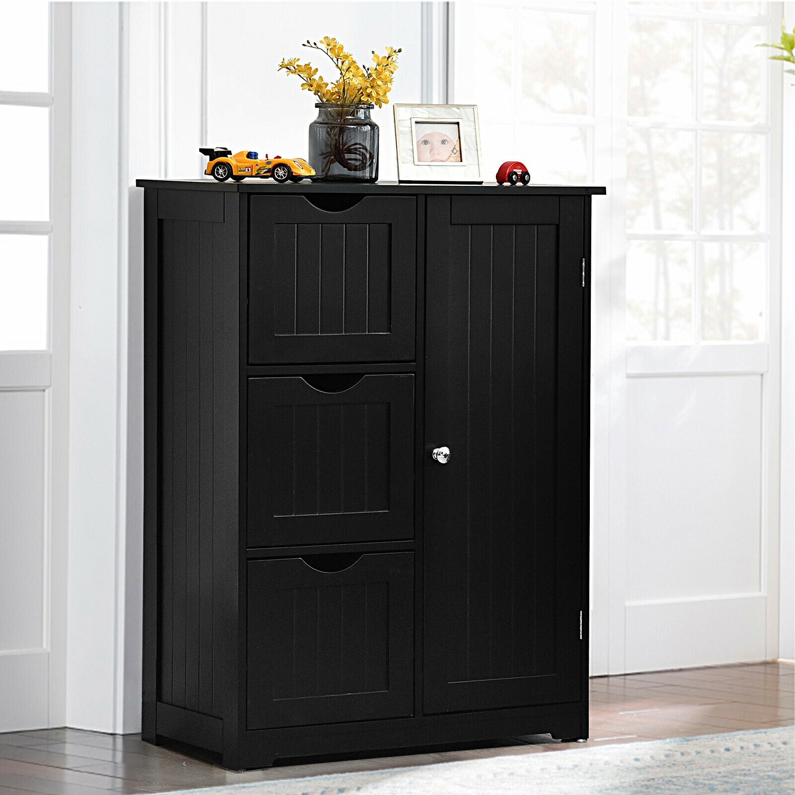 Bathroom Floor Cabinet Side Storage Cabinet with 3 Drawers and 1 Cupboard, Black Floor Cabinets at Gallery Canada