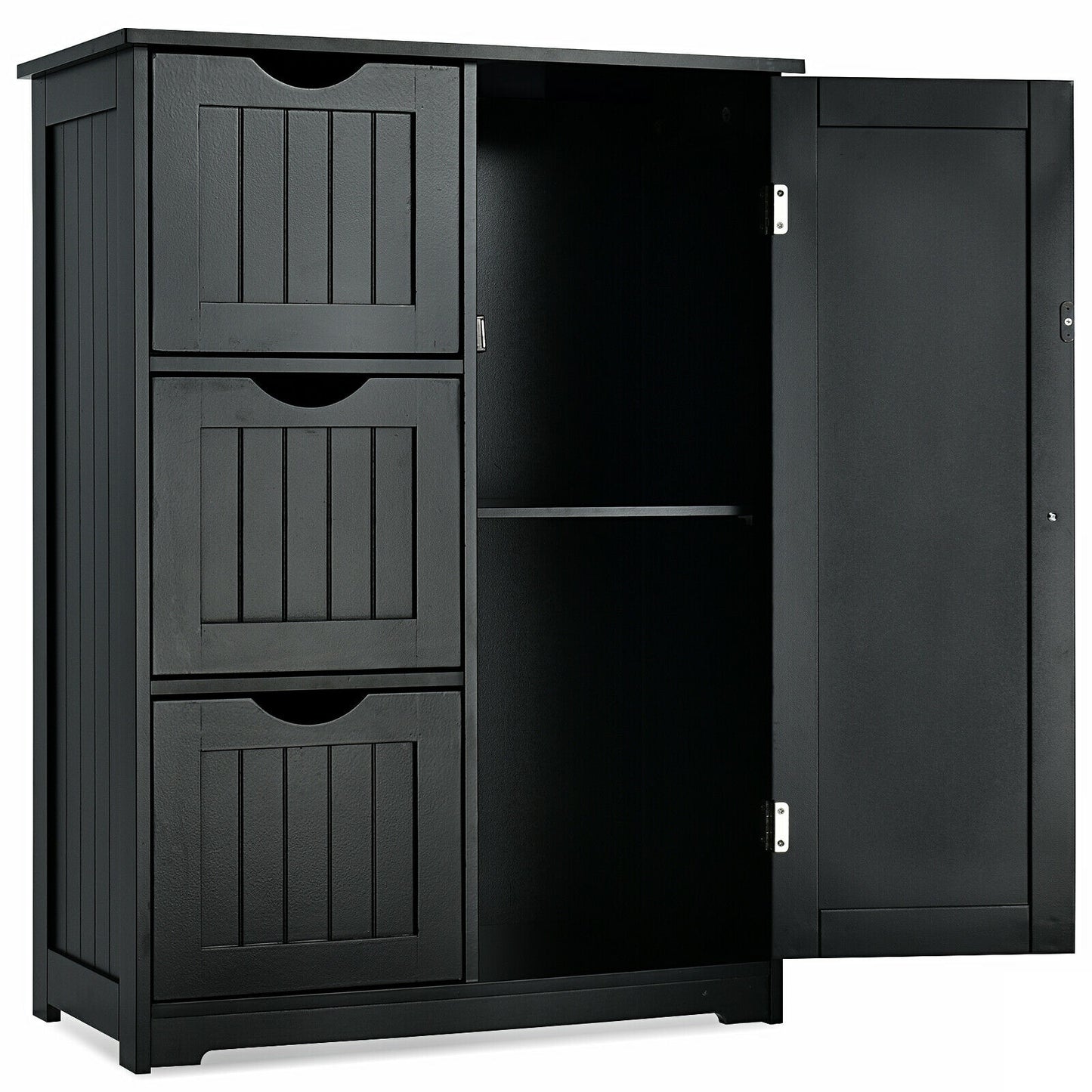 Bathroom Floor Cabinet Side Storage Cabinet with 3 Drawers and 1 Cupboard, Black Floor Cabinets at Gallery Canada