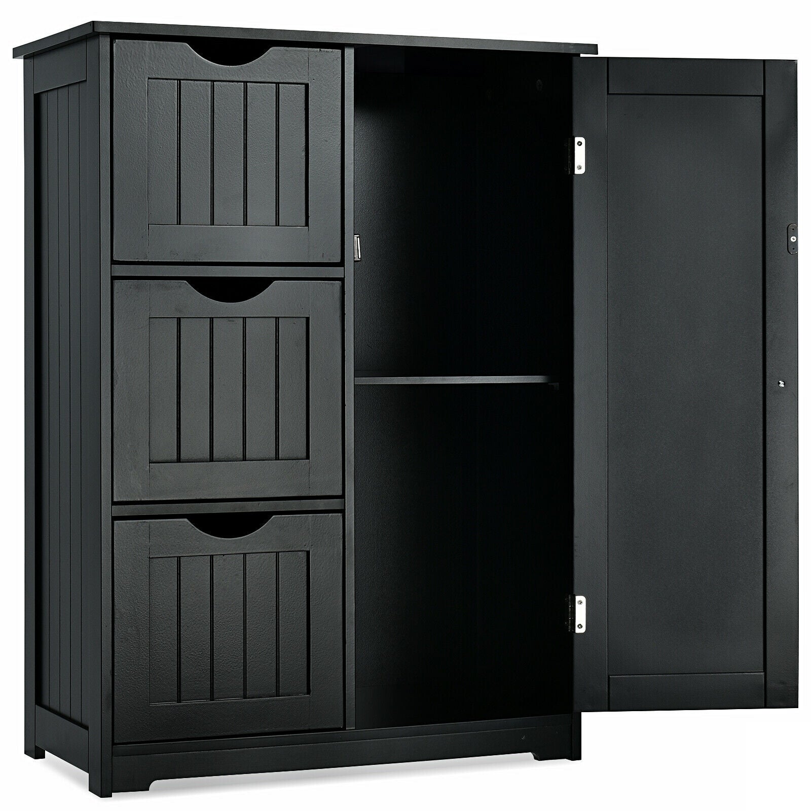 Bathroom Floor Cabinet Side Storage Cabinet with 3 Drawers and 1 Cupboard, Black Floor Cabinets at Gallery Canada