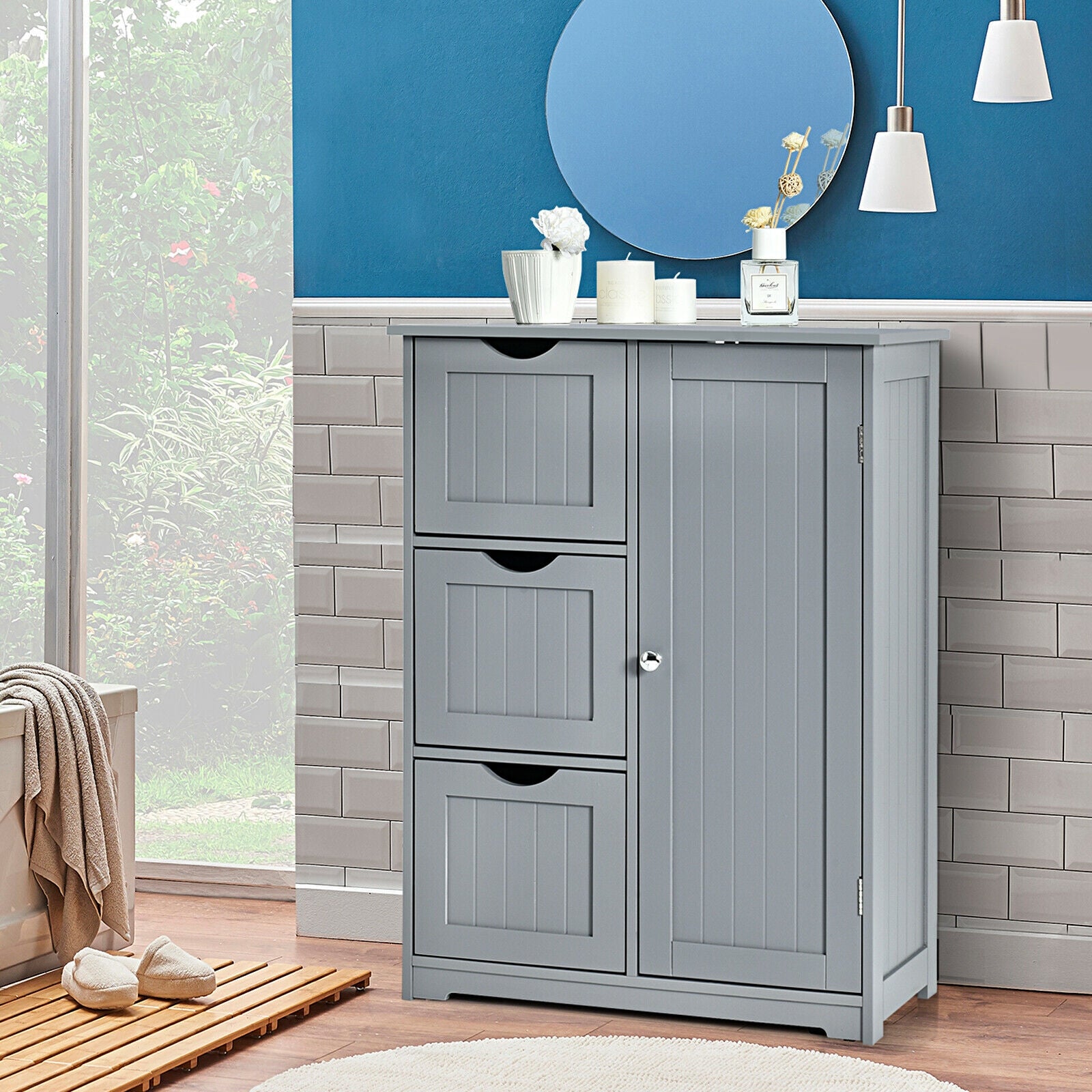 Bathroom Floor Cabinet Side Storage Cabinet with 3 Drawers and 1 Cupboard, Gray Floor Cabinets at Gallery Canada