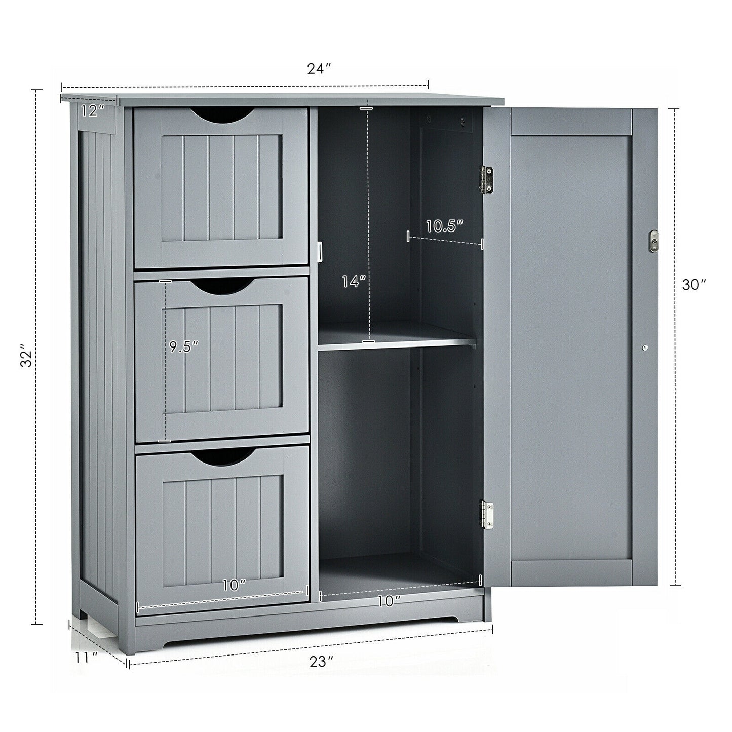 Bathroom Floor Cabinet Side Storage Cabinet with 3 Drawers and 1 Cupboard, Gray Floor Cabinets at Gallery Canada