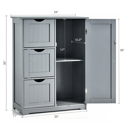 Bathroom Floor Cabinet Side Storage Cabinet with 3 Drawers and 1 Cupboard, Gray Floor Cabinets at Gallery Canada