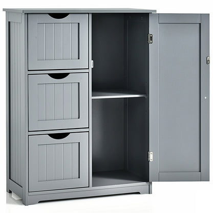 Bathroom Floor Cabinet Side Storage Cabinet with 3 Drawers and 1 Cupboard, Gray Floor Cabinets at Gallery Canada