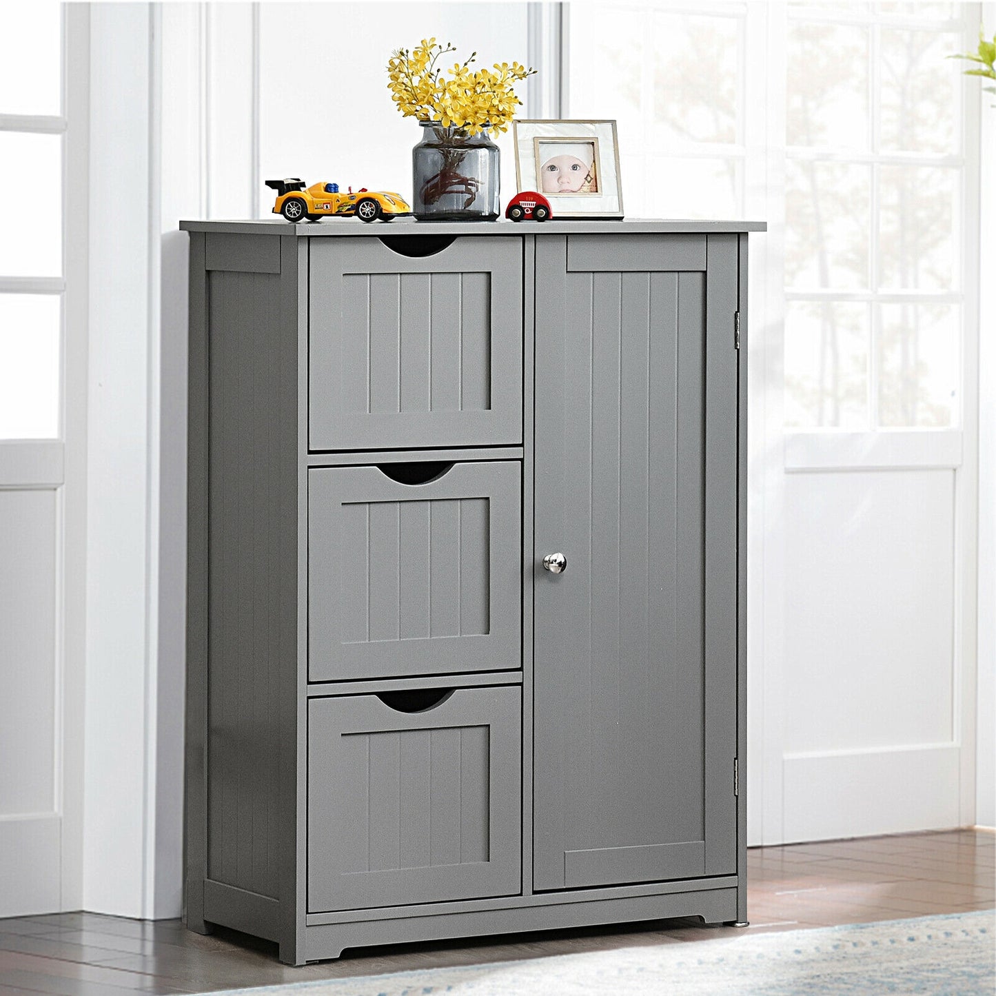 Bathroom Floor Cabinet Side Storage Cabinet with 3 Drawers and 1 Cupboard, Gray Floor Cabinets at Gallery Canada