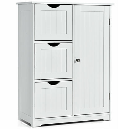 Bathroom Floor Cabinet Side Storage Cabinet with 3 Drawers and 1 Cupboard, White Floor Cabinets at Gallery Canada