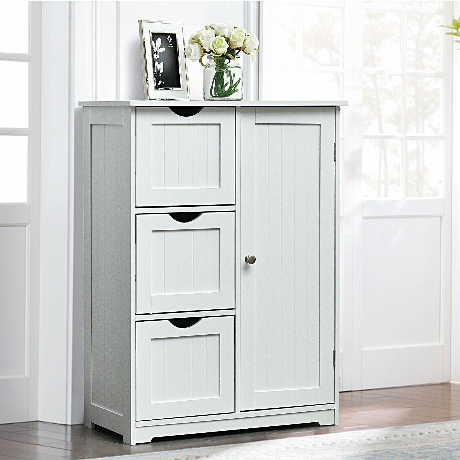 Bathroom Floor Cabinet Side Storage Cabinet with 3 Drawers and 1 Cupboard, White Floor Cabinets at Gallery Canada