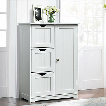 Bathroom Floor Cabinet Side Storage Cabinet with 3 Drawers and 1 Cupboard, White Floor Cabinets at Gallery Canada
