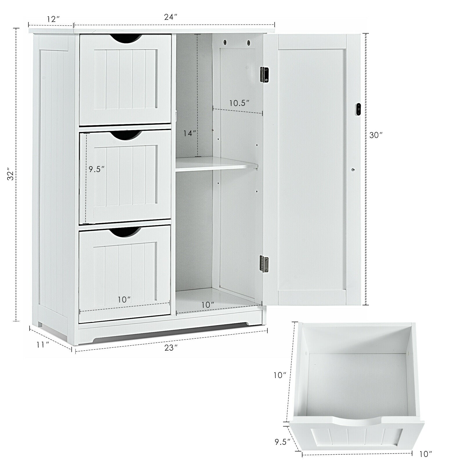 Bathroom Floor Cabinet Side Storage Cabinet with 3 Drawers and 1 Cupboard, White Floor Cabinets at Gallery Canada
