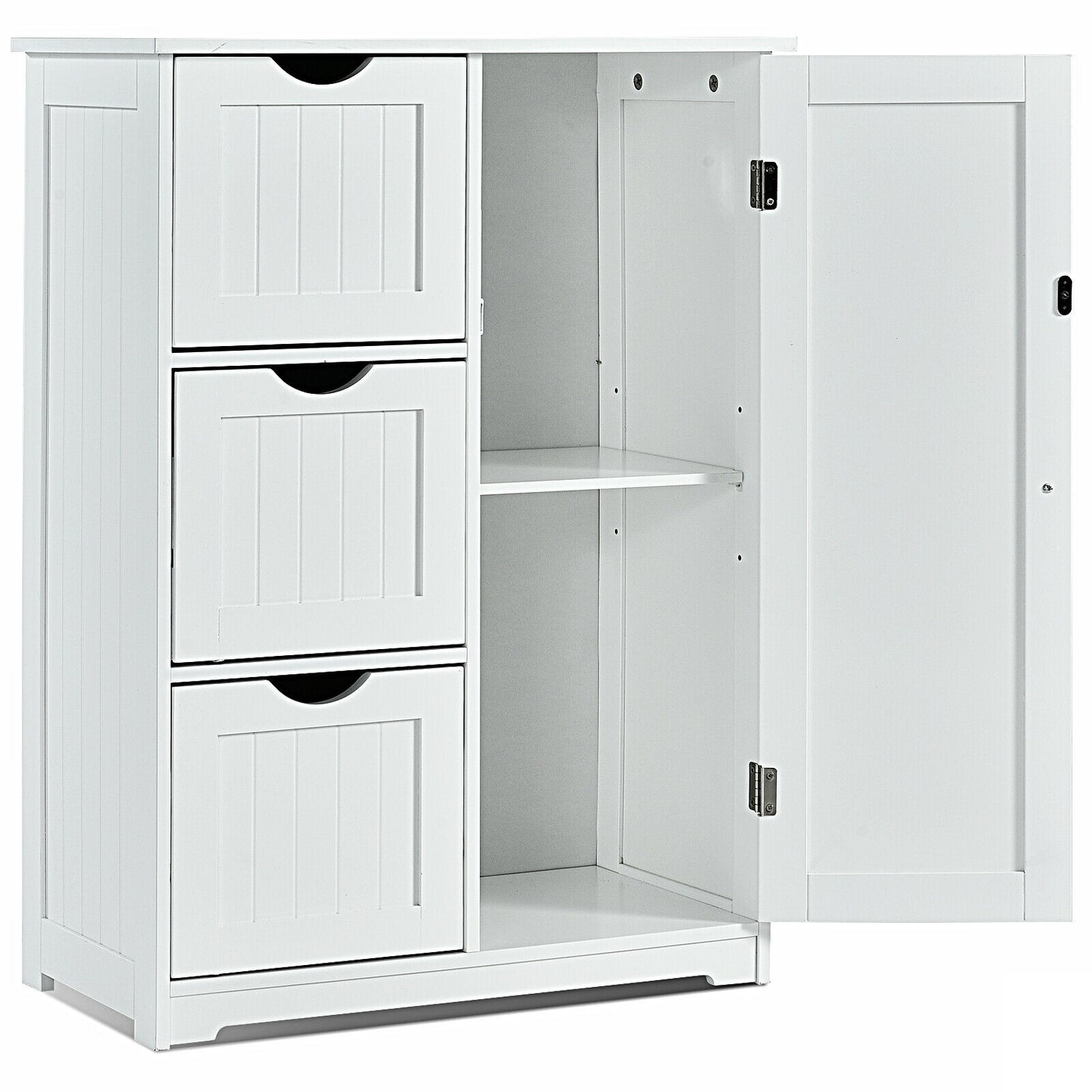 Bathroom Floor Cabinet Side Storage Cabinet with 3 Drawers and 1 Cupboard, White Floor Cabinets at Gallery Canada