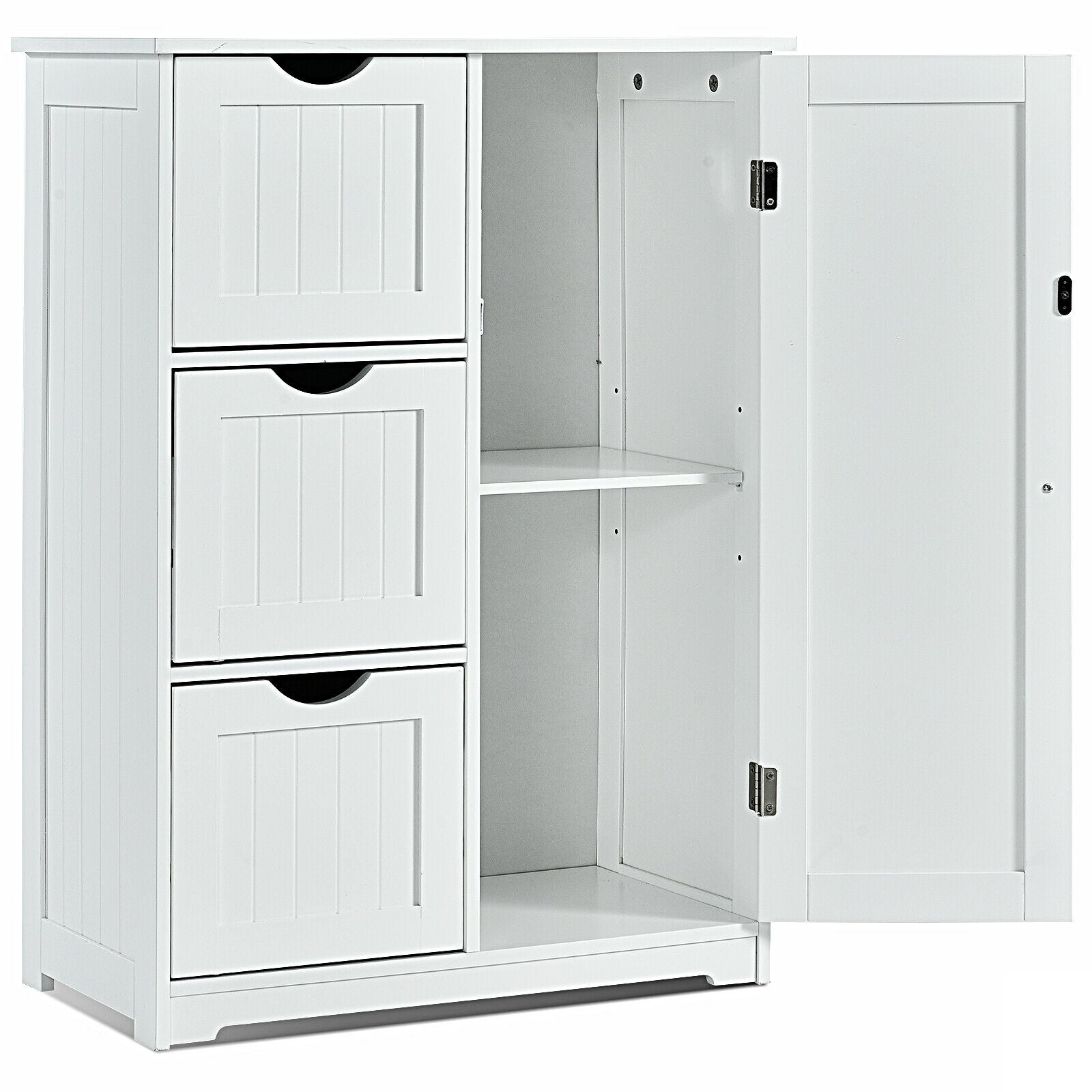Bathroom Floor Cabinet Side Storage Cabinet with 3 Drawers and 1 Cupboard, White Floor Cabinets at Gallery Canada