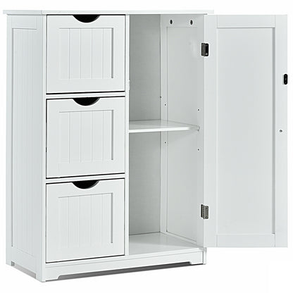 Bathroom Floor Cabinet Side Storage Cabinet with 3 Drawers and 1 Cupboard, White Floor Cabinets at Gallery Canada