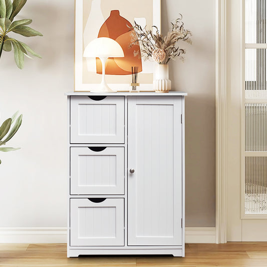 Bathroom Floor Cabinet Side Storage Cabinet with 3 Drawers and 1 Cupboard, White Floor Cabinets White at Gallery Canada
