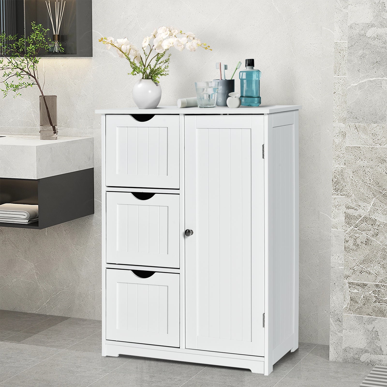 Bathroom Floor Cabinet Side Storage Cabinet with 3 Drawers and 1 Cupboard, White Floor Cabinets at Gallery Canada