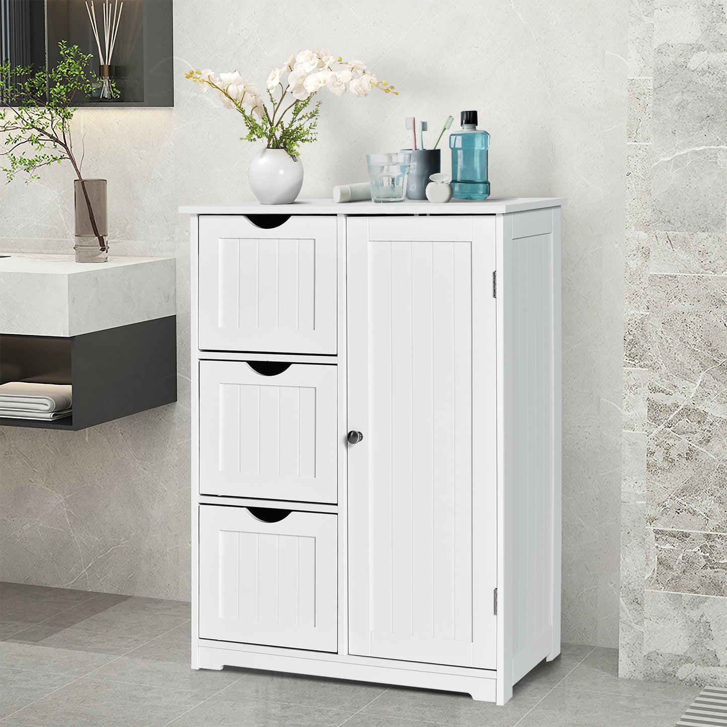 Bathroom Floor Cabinet Side Storage Cabinet with 3 Drawers and 1 Cupboard, White Floor Cabinets at Gallery Canada