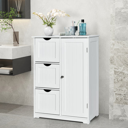 Bathroom Floor Cabinet Side Storage Cabinet with 3 Drawers and 1 Cupboard, White Floor Cabinets at Gallery Canada