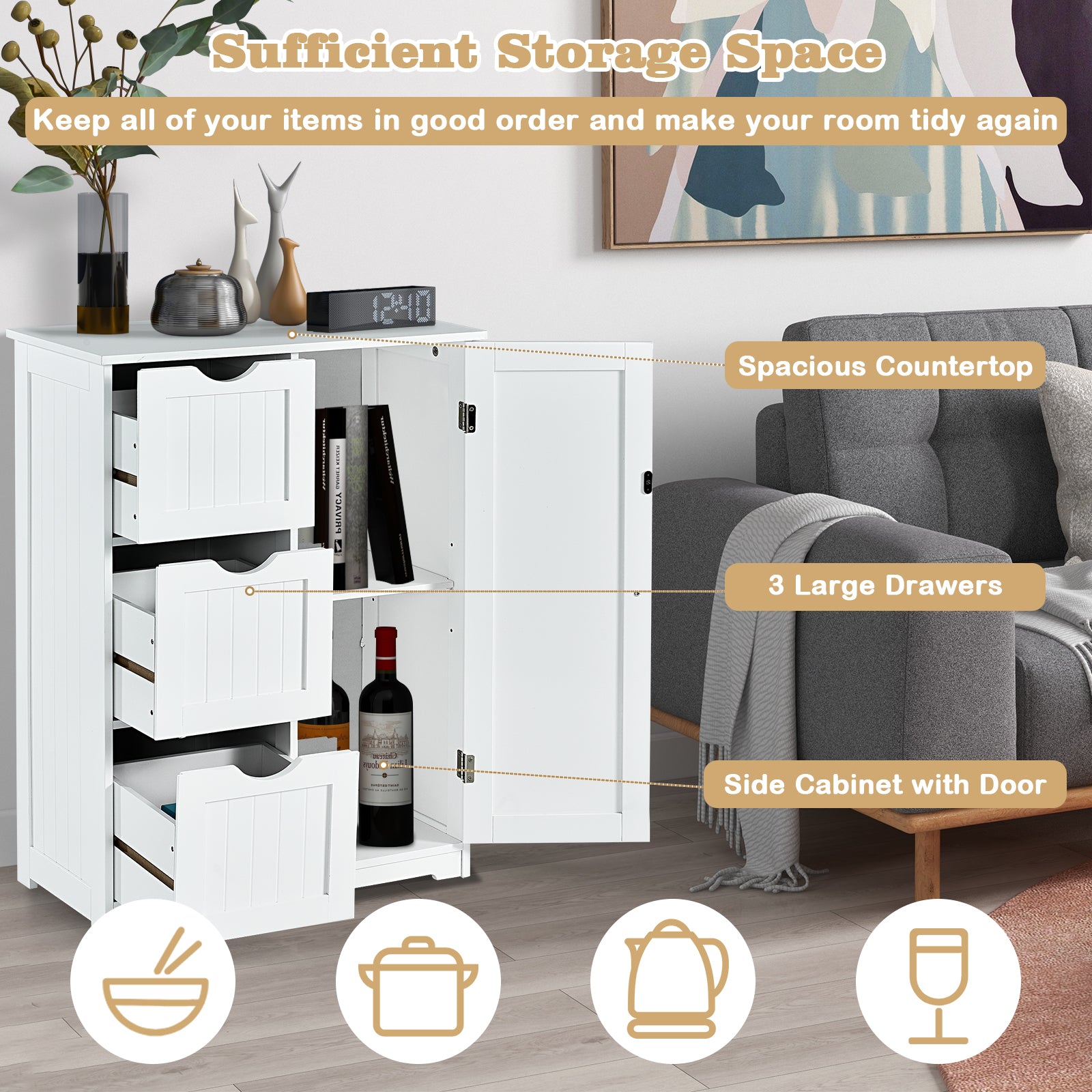 Bathroom Floor Cabinet Side Storage Cabinet with 3 Drawers and 1 Cupboard, White Floor Cabinets at Gallery Canada