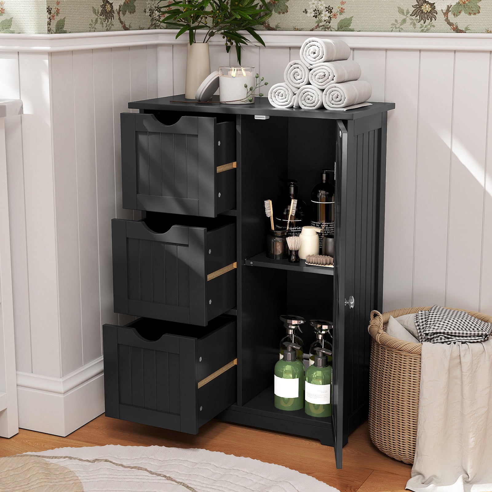 Bathroom Floor Cabinet, 3 Drawers, 1 Cupboard, Black Floor Cabinets at Gallery Canada
