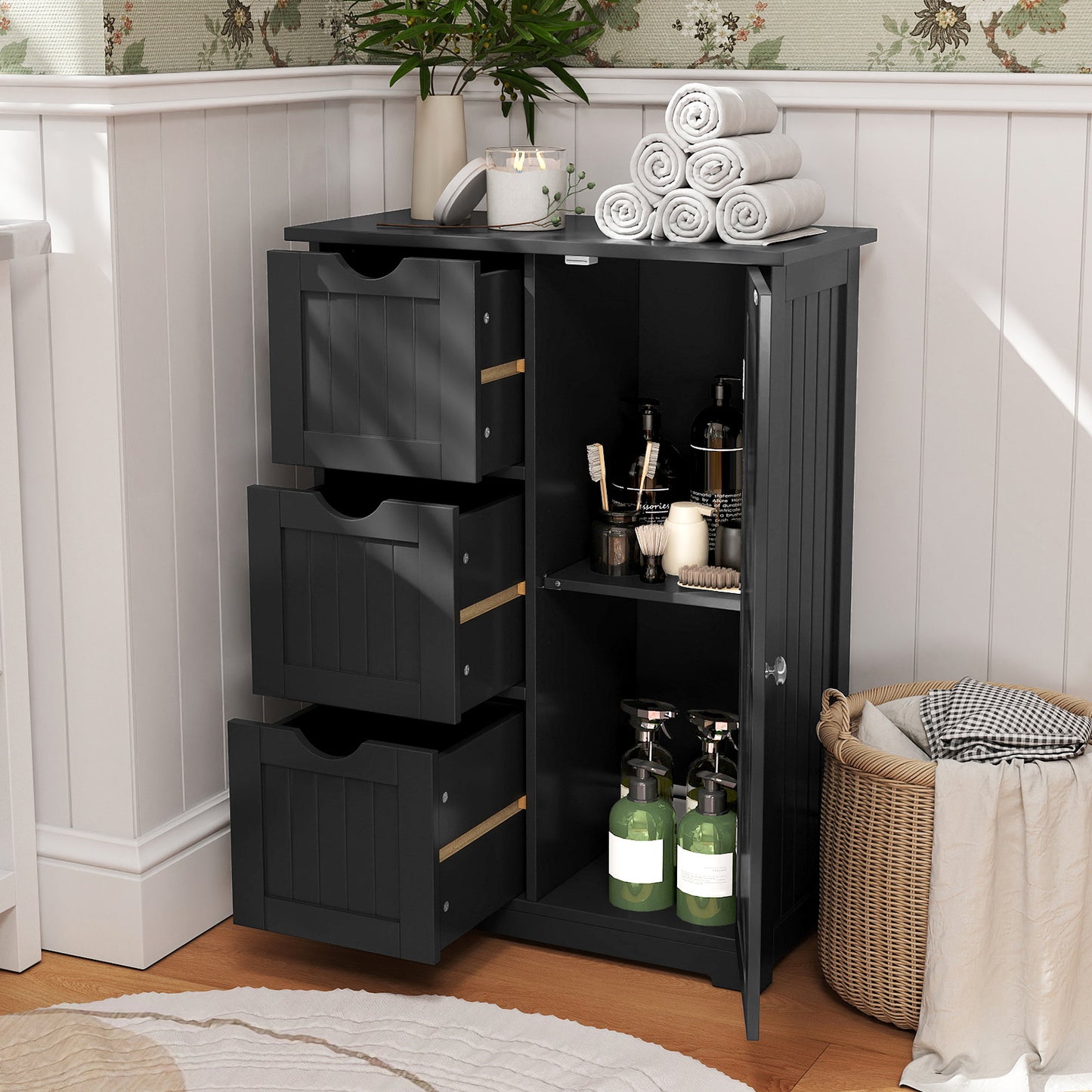 Bathroom Floor Cabinet, 3 Drawers, 1 Cupboard, Black Floor Cabinets at Gallery Canada