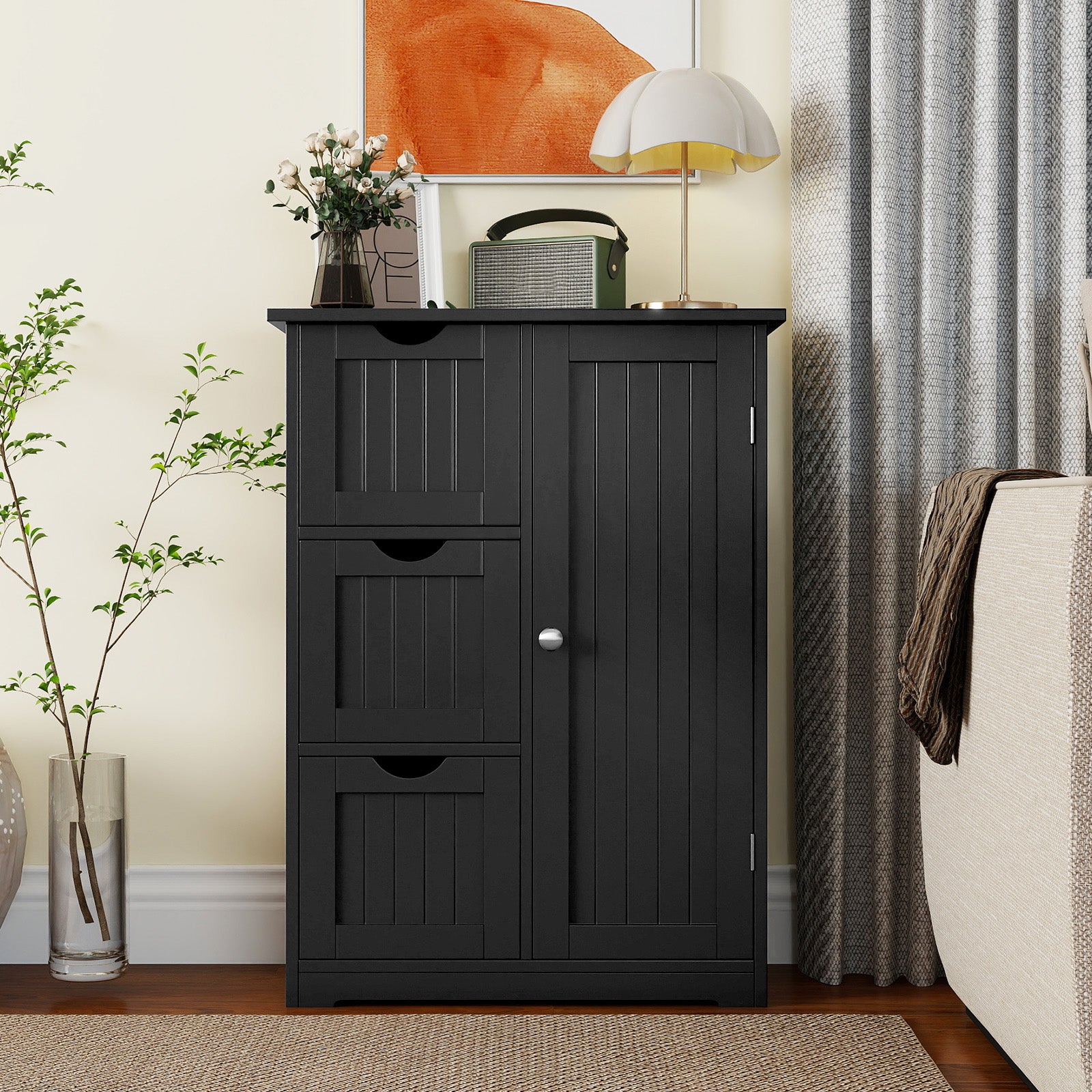 Bathroom Floor Cabinet, 3 Drawers, 1 Cupboard, Black Floor Cabinets at Gallery Canada