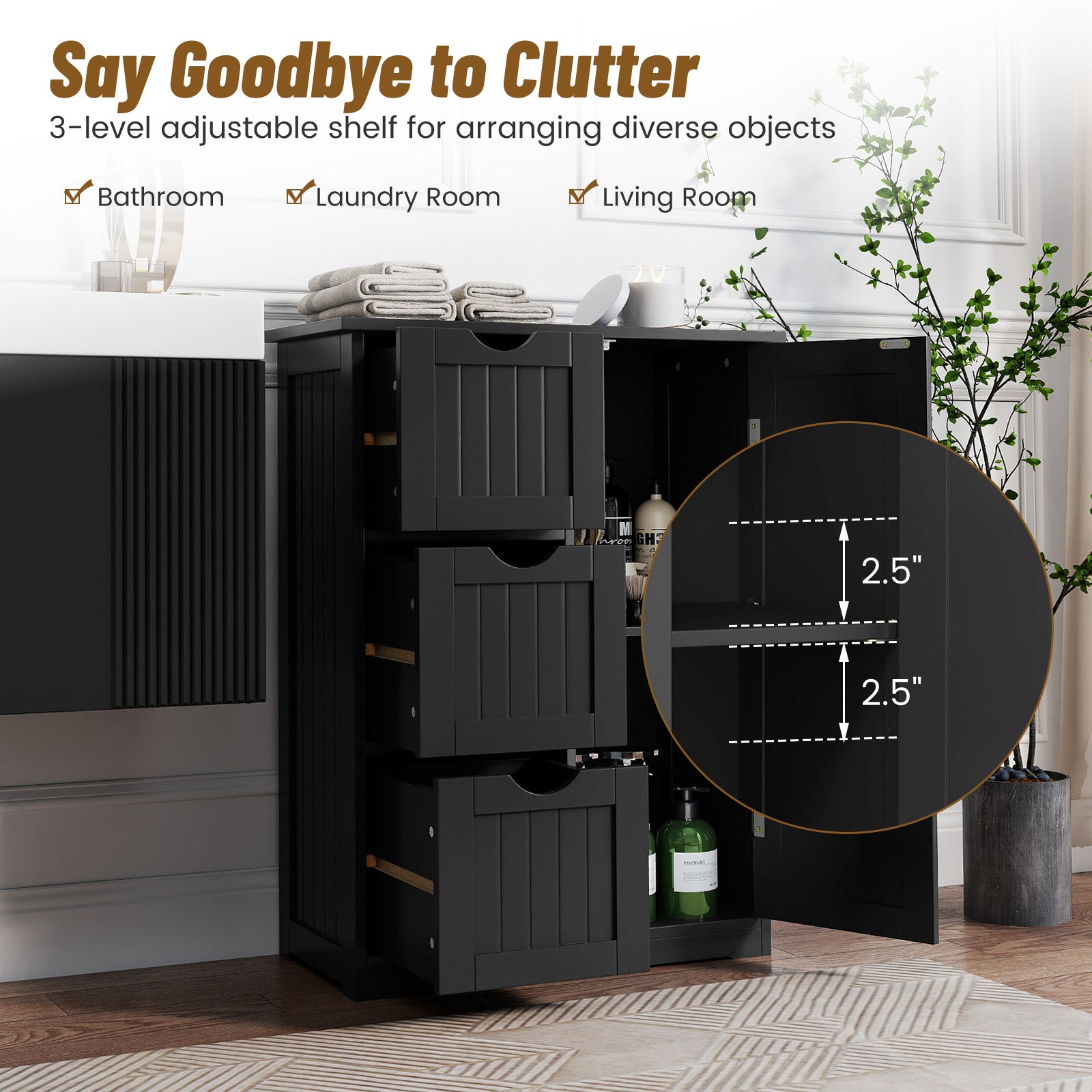 Bathroom Floor Cabinet, 3 Drawers, 1 Cupboard, Black Floor Cabinets at Gallery Canada