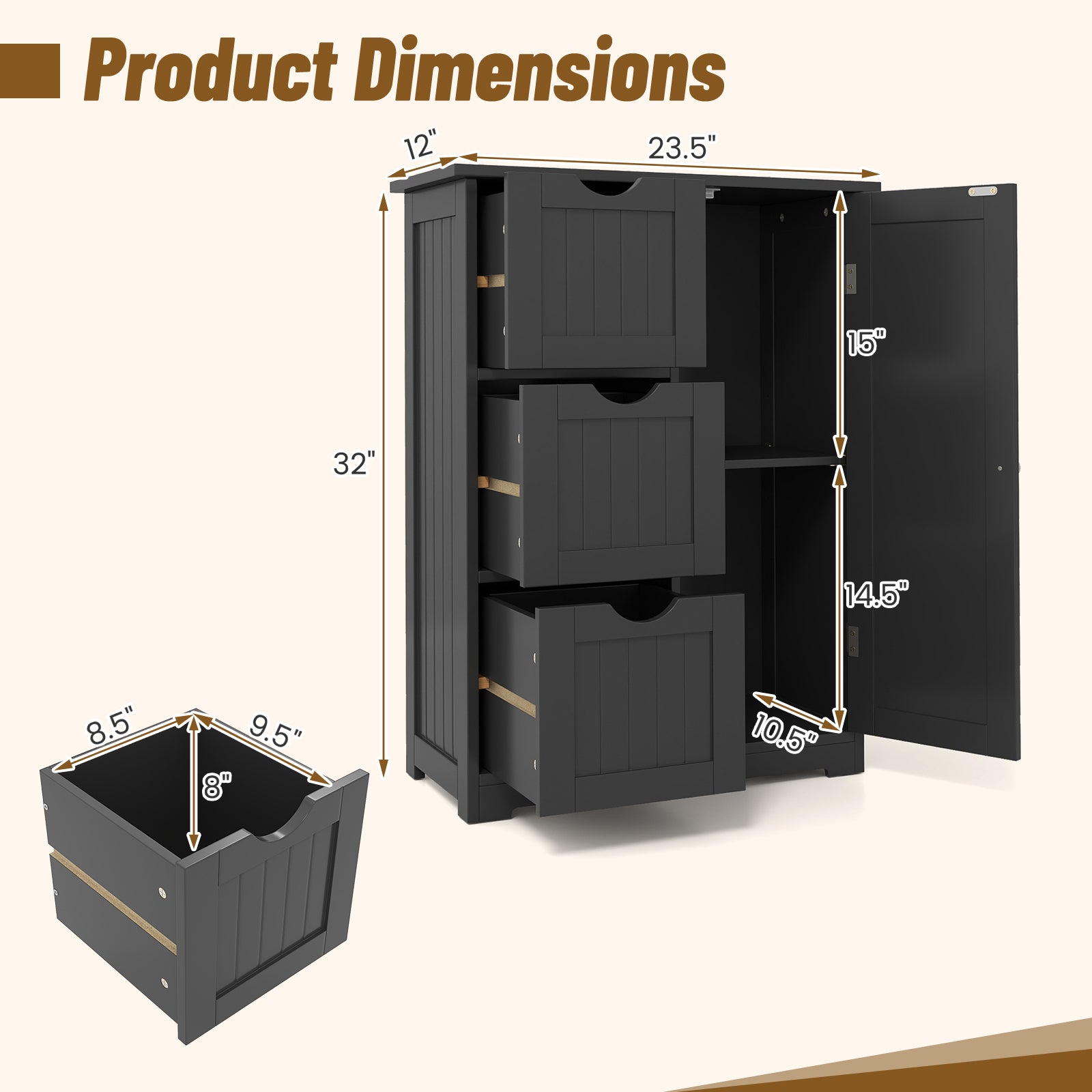 Bathroom Floor Cabinet, 3 Drawers, 1 Cupboard, Black Floor Cabinets at Gallery Canada