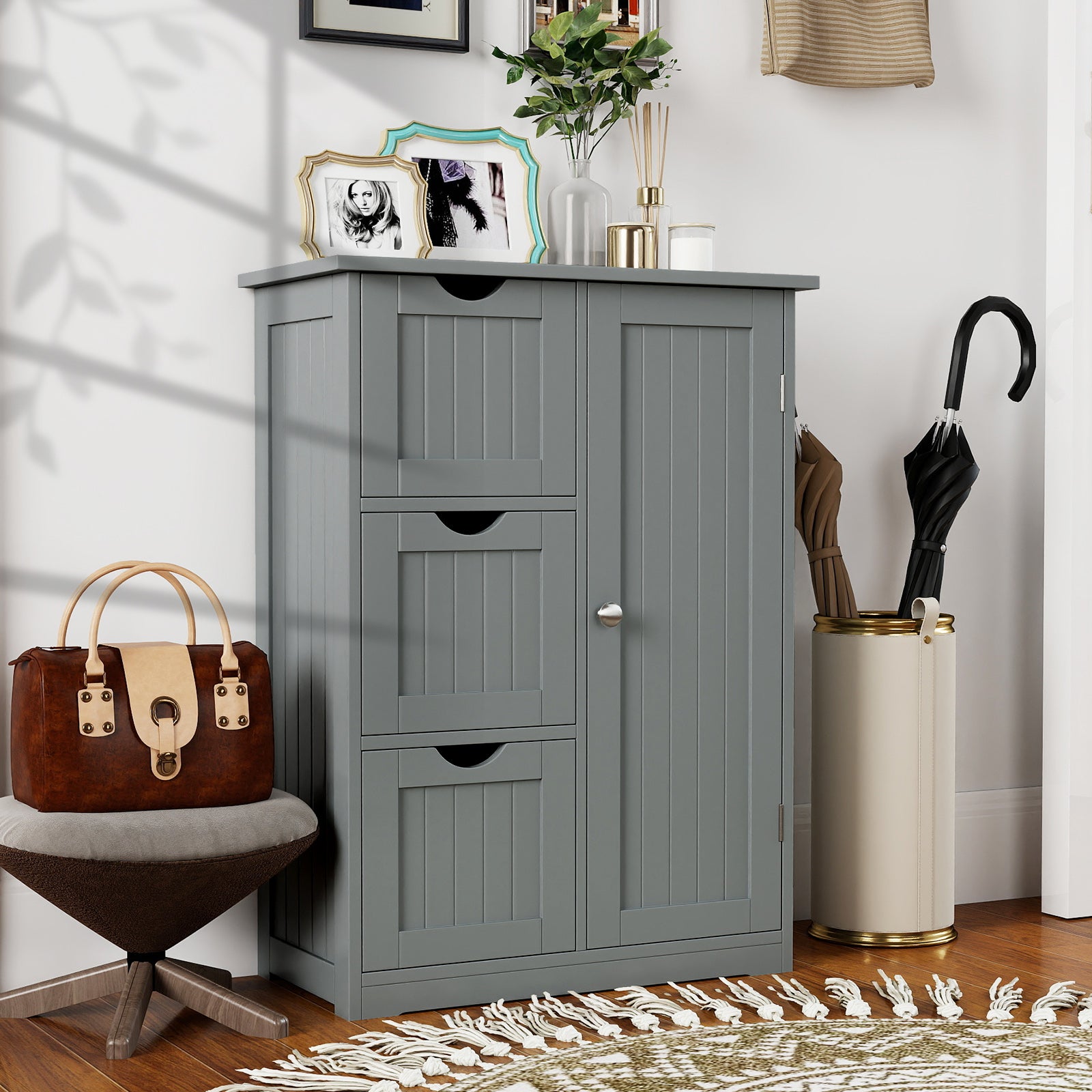 Bathroom Floor Cabinet, 3 Drawers 1 Cupboard, Gray Floor Cabinets at Gallery Canada