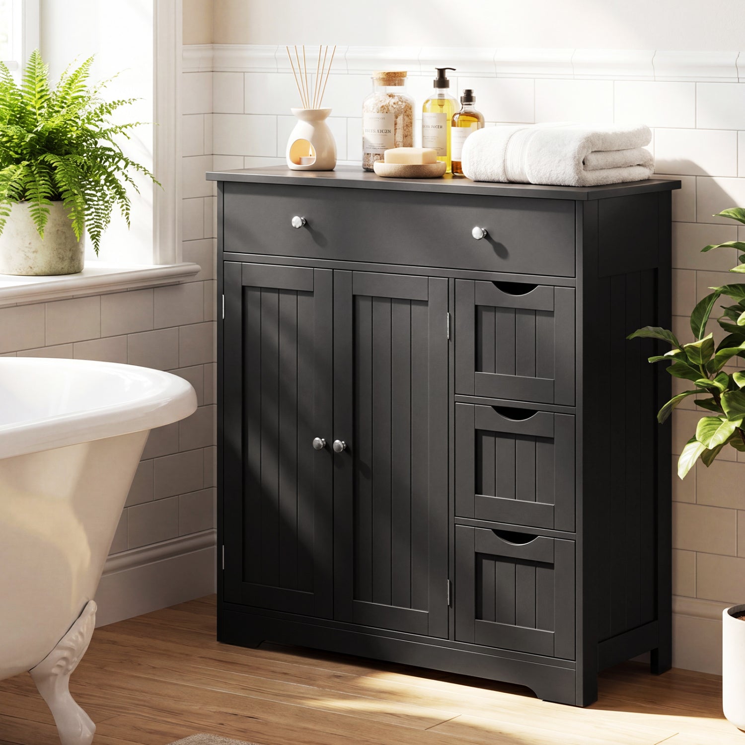 Bathroom Floor Cabinet with 4 Drawers with 2 Doors and Adjustable Shelf, Black Floor Cabinets at Gallery Canada