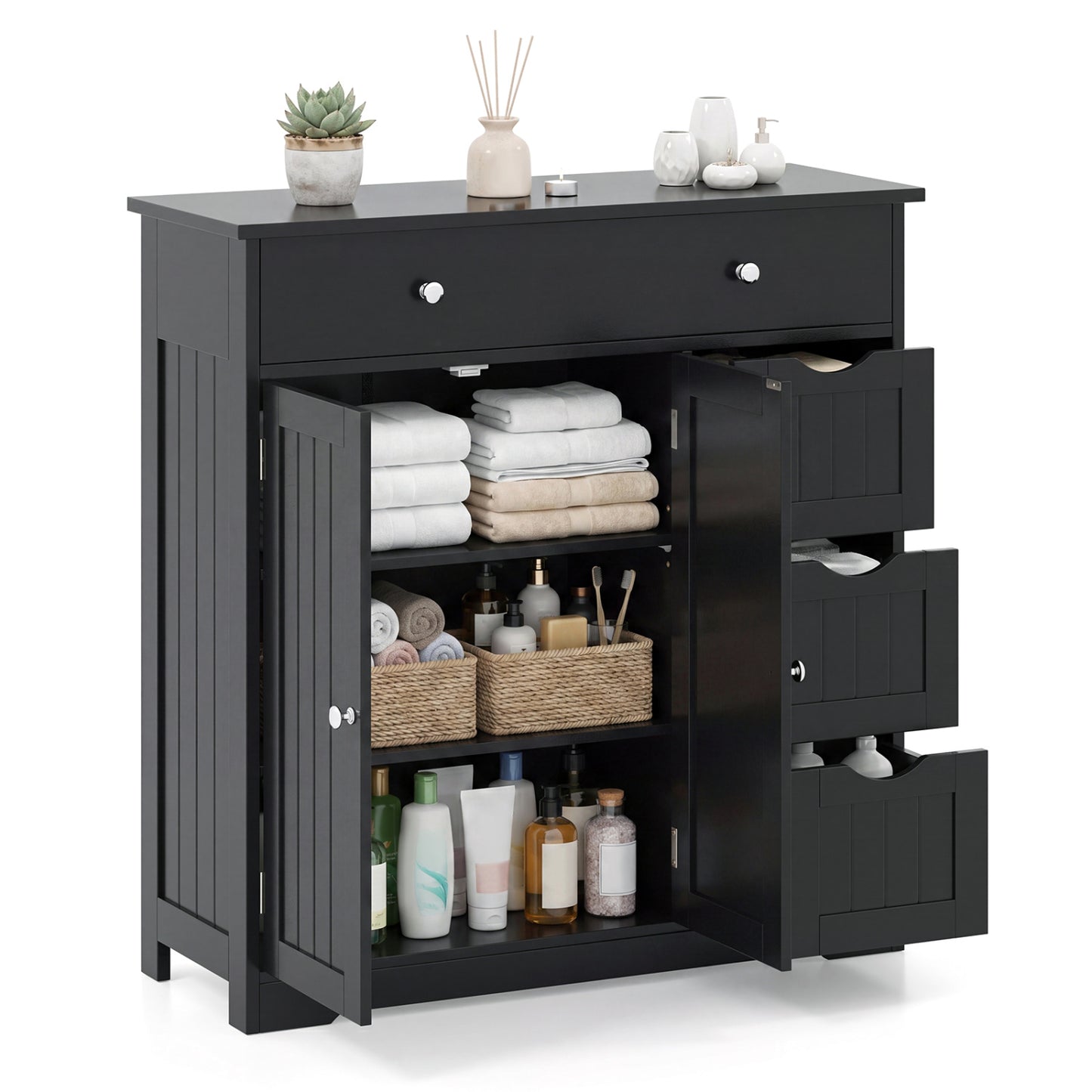 Bathroom Floor Cabinet with 4 Drawers with 2 Doors and Adjustable Shelf, Black Floor Cabinets at Gallery Canada