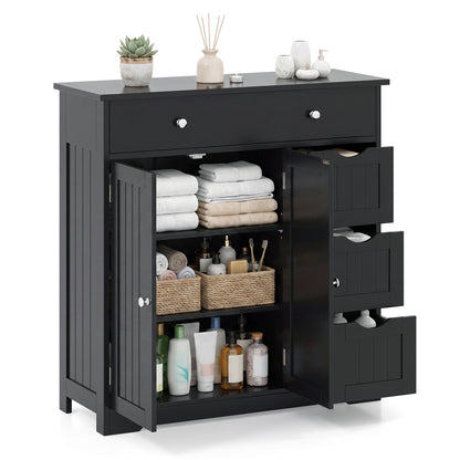 Bathroom Floor Cabinet with 4 Drawers with 2 Doors and Adjustable Shelf, Black Floor Cabinets at Gallery Canada