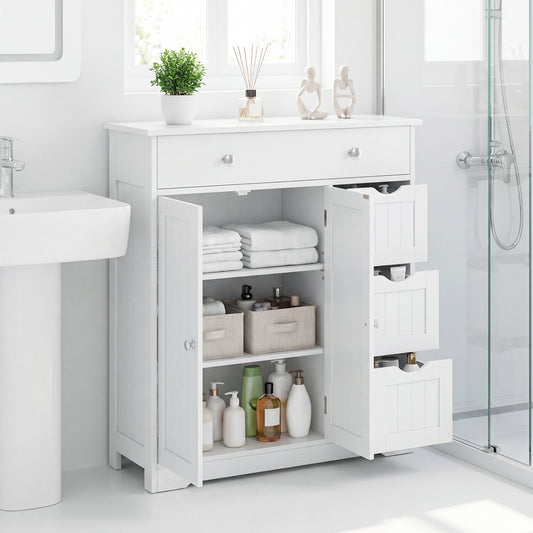 Bathroom Floor Cabinet with 4 Drawers with 2 Doors and Adjustable Shelf, White Floor Cabinets White at Gallery Canada