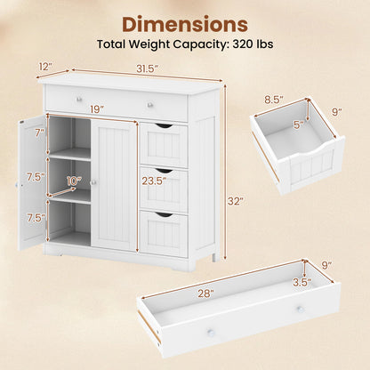 Bathroom Floor Cabinet with 4 Drawers with 2 Doors and Adjustable Shelf, White Floor Cabinets at Gallery Canada