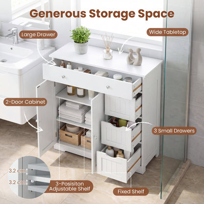 Bathroom Floor Cabinet with 4 Drawers with 2 Doors and Adjustable Shelf, White Floor Cabinets at Gallery Canada